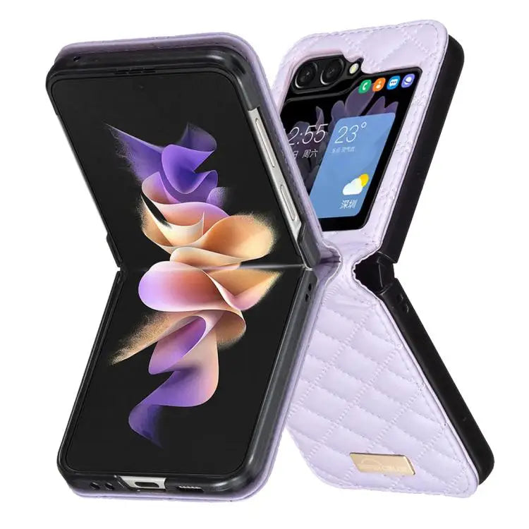 Voor Samsung Galaxy Z Flip7 Diamond Lattice PU + PC schokbestendige telefoonhoes (paars)