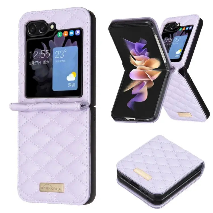 Voor Samsung Galaxy Z Flip7 Diamond Lattice PU + PC schokbestendige telefoonhoes (paars)