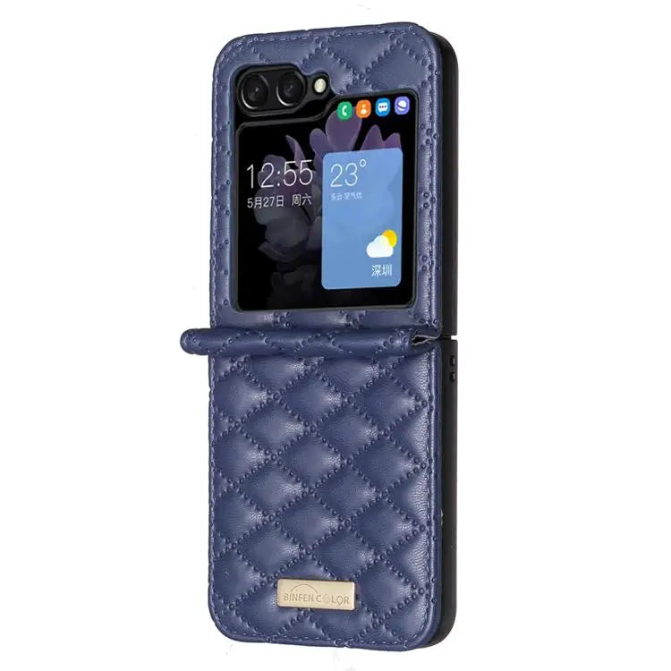 Voor Samsung Galaxy Z Flip7 Diamond Lattice PU + PC schokbestendige telefoonhoes (blauw)