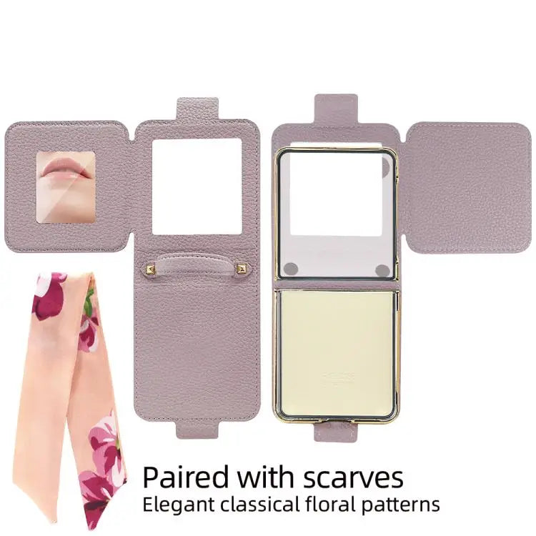 Voor Samsung Galaxy Z Flip7 Litchi-patroon make-upspiegel PU-telefoonhoesje met zijden sjaal (groen)