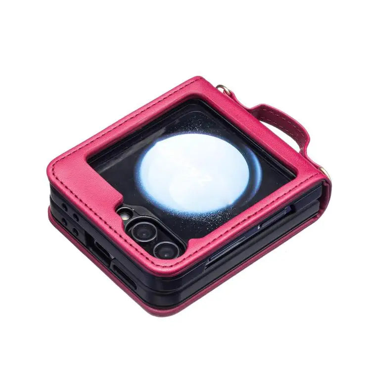 Voor Samsung Galaxy Z Flip7 Ruitvormige Crossbody Lanyard Leren Telefoonhoesje (Rosé Rood)