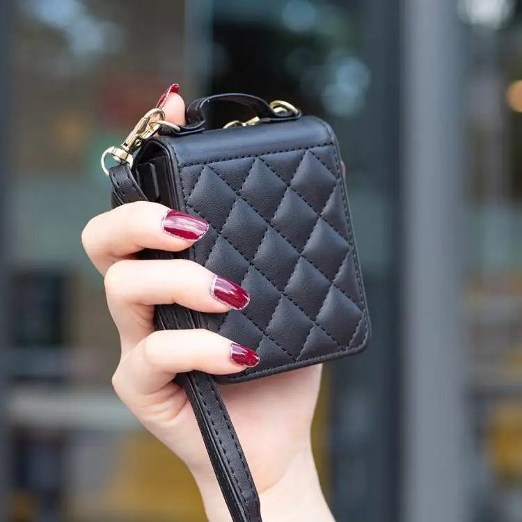 Voor Samsung Galaxy Z Flip7 Ruitvormige Crossbody Lanyard Leren Telefoonhoesje (Zwart)