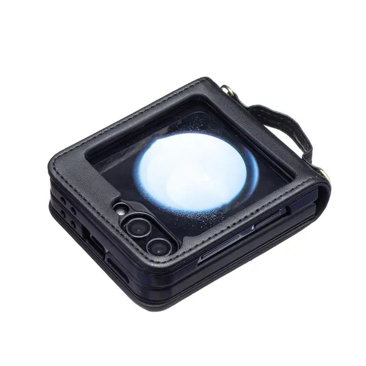 Voor Samsung Galaxy Z Flip7 Ruitvormige Crossbody Lanyard Leren Telefoonhoesje (Zwart)