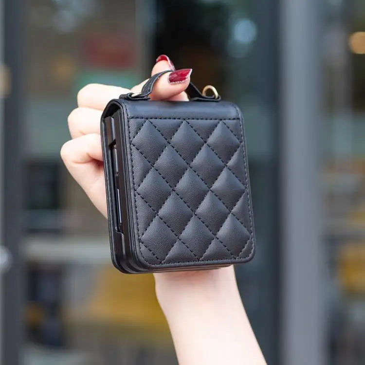 Voor Samsung Galaxy Z Flip7 Ruitvormige Crossbody Lanyard Leren Telefoonhoesje (Zwart)