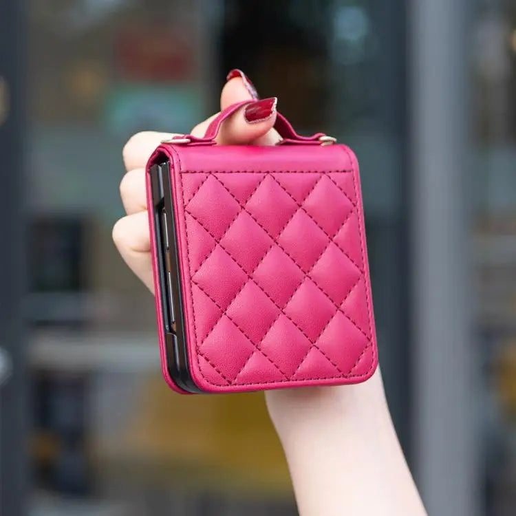 Voor Samsung Galaxy Z Flip7 Ruitvormige Crossbody Lanyard Leren Telefoonhoesje (Rosé Rood)