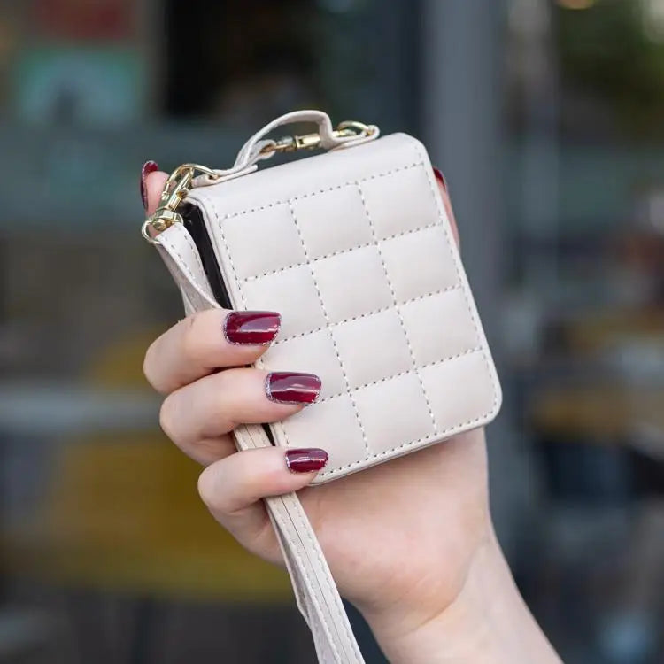 Voor Samsung Galaxy Z Flip7 Vierkant Crossbody Lanyard Leren Telefoonhoesje (Beige)