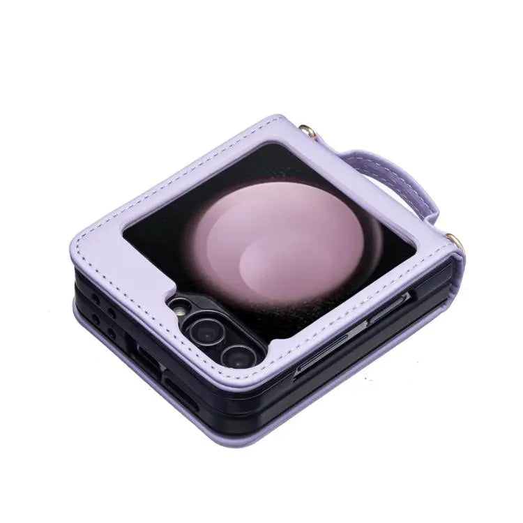 Voor Samsung Galaxy Z Flip7 V-vormig crossbody lanyard leren telefoonhoesje (paars)