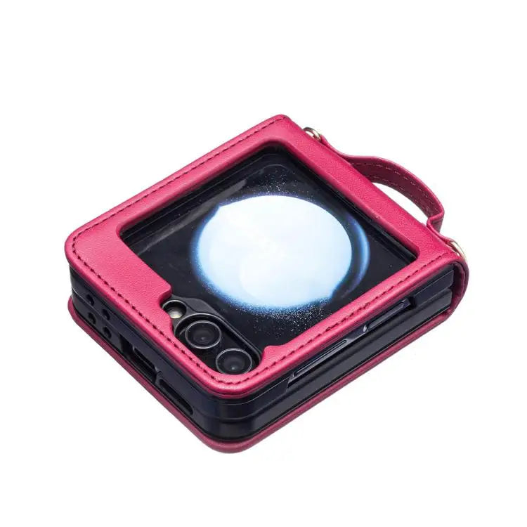 Voor Samsung Galaxy Z Flip7 Golfvormige Crossbody Lanyard Leren Telefoonhoesje (Rosé Rood)