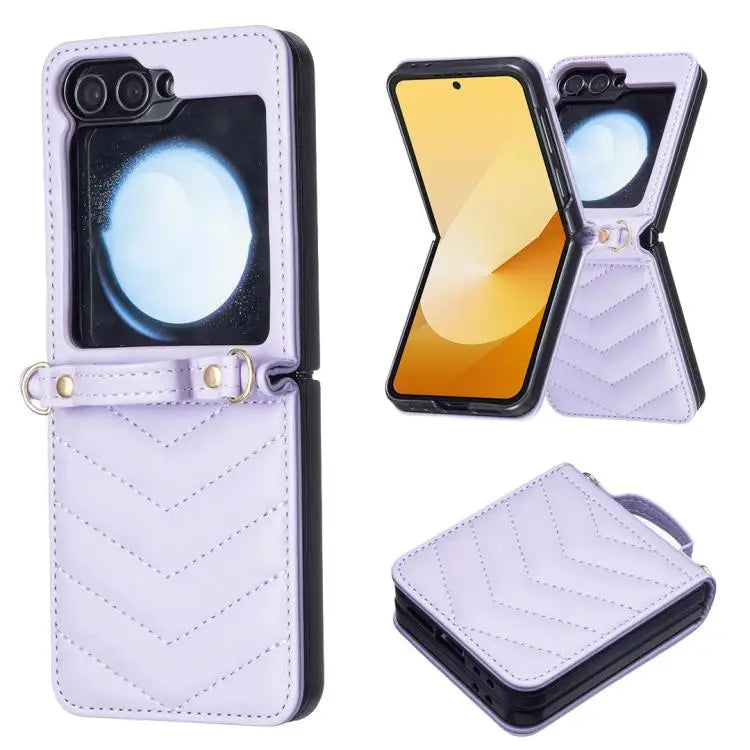 Voor Samsung Galaxy Z Flip7 Golfvormige Crossbody Lanyard Leren Telefoonhoesje (Paars)