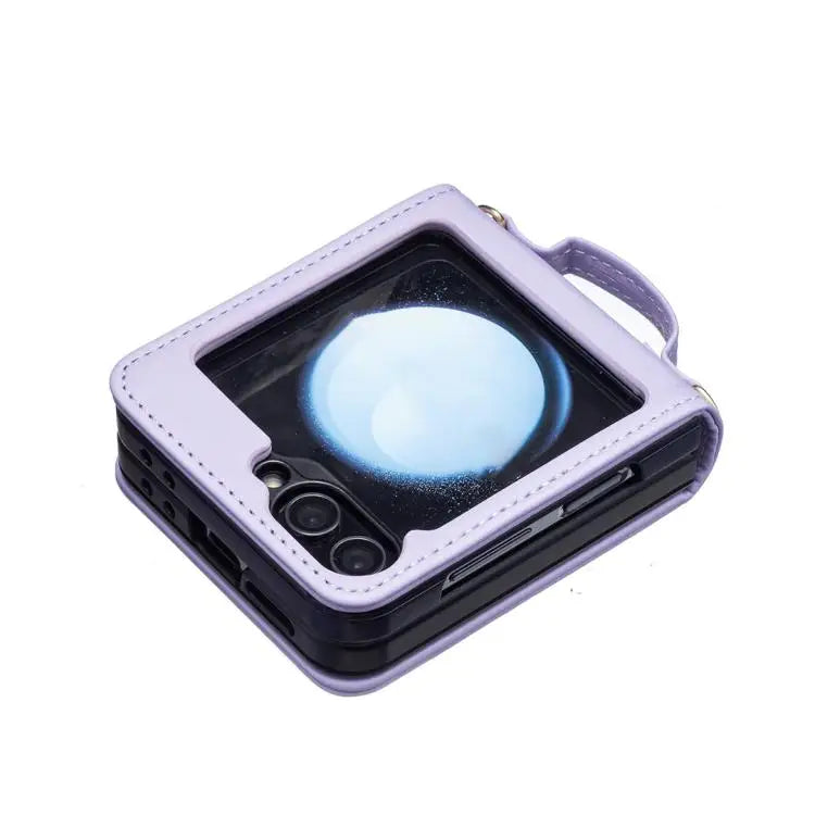 Voor Samsung Galaxy Z Flip7 Golfvormige Crossbody Lanyard Leren Telefoonhoesje (Paars)