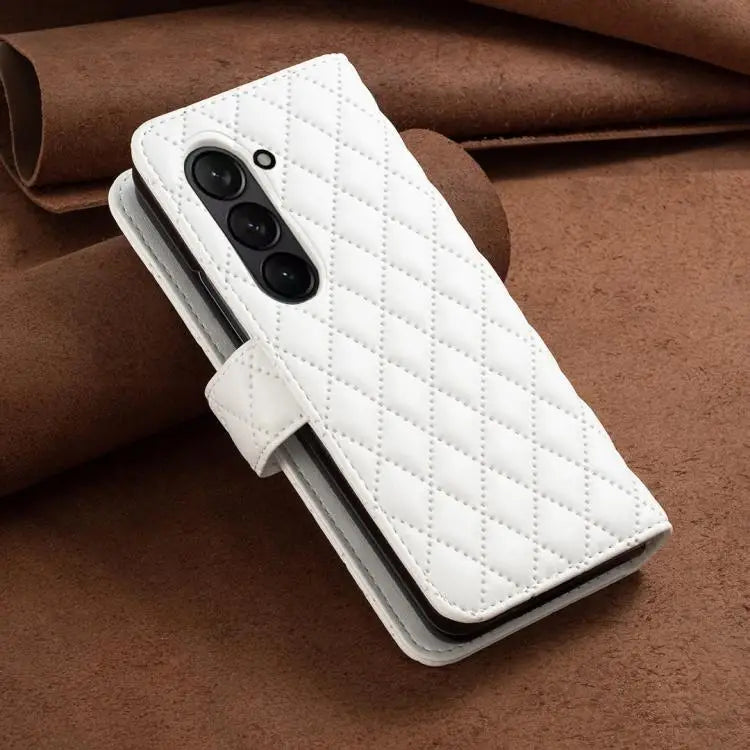 Voor Samsung Galaxy Z Fold5 Diamond Lattice Wallet Flip Leather Phone Case (wit)