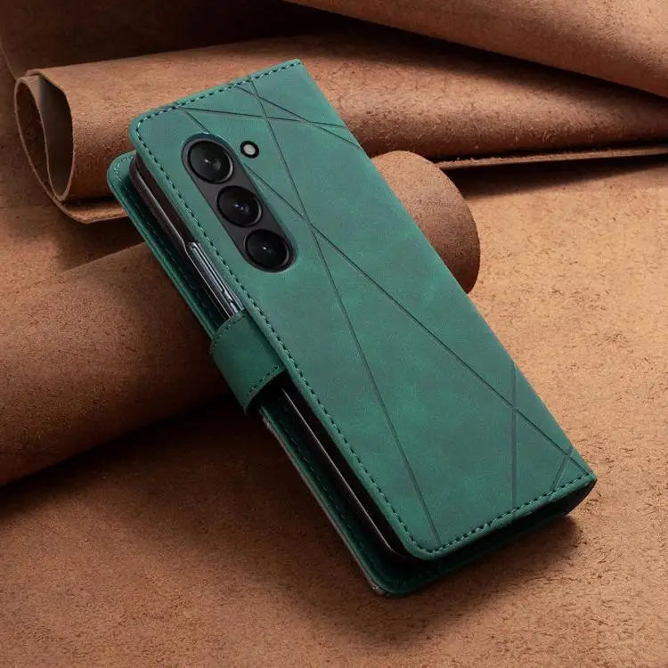 Voor Samsung Galaxy Z Fold5 Magnetische gesp Rhombus textuur leren telefoonhoesje (groen)