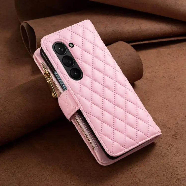 Voor Samsung Galaxy Z Fold6 Diamond Lattice Zipper Wallet Leather Flip Phone Case (roze)