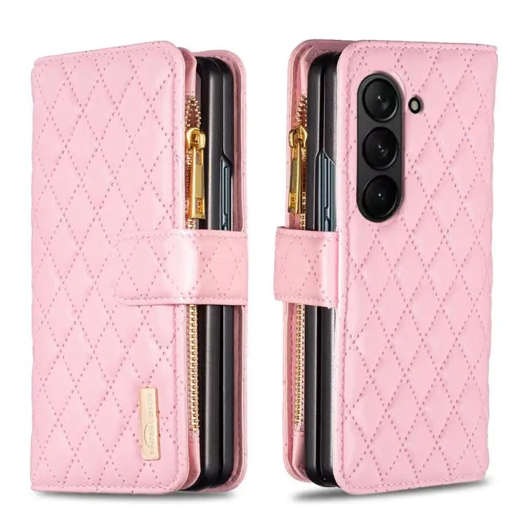 Voor Samsung Galaxy Z Fold6 Diamond Lattice Zipper Wallet Leather Flip Phone Case (roze)