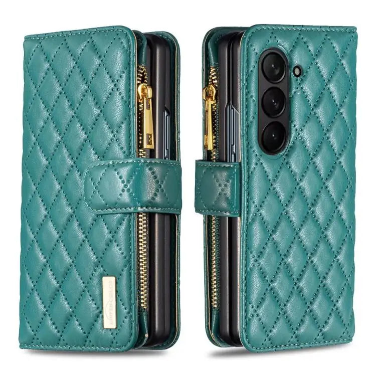 Voor Samsung Galaxy Z Fold6 Diamond Lattice Zipper Wallet Leather Flip Phone Case (Groen)
