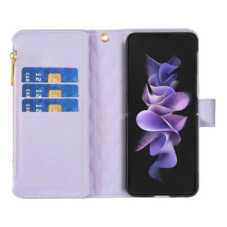 Voor Samsung Galaxy Z Fold6 Diamond Lattice Zipper Wallet Leather Flip Phone Case (Paars)