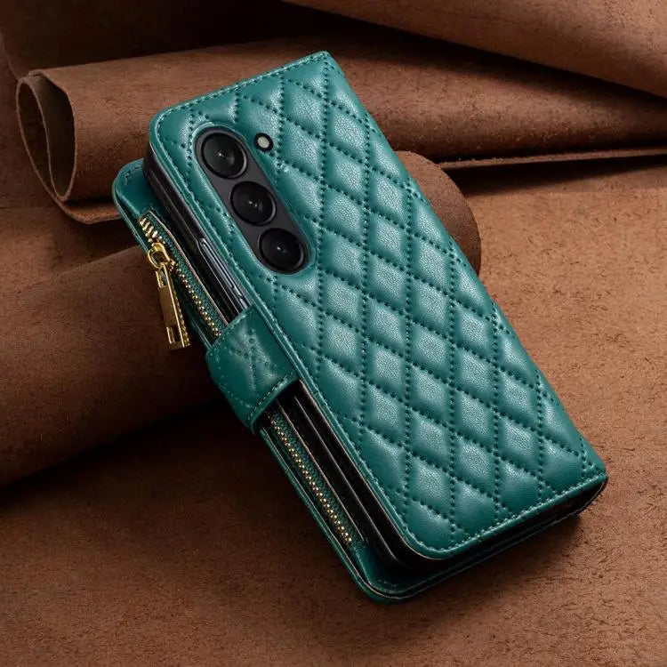 Voor Samsung Galaxy Z Fold6 Diamond Lattice Zipper Wallet Leather Flip Phone Case (Groen)