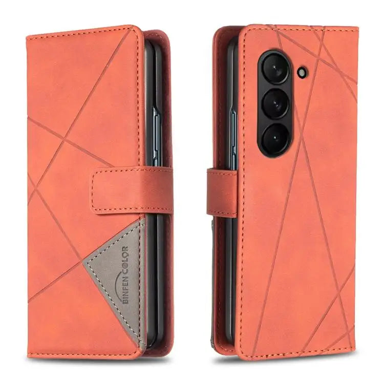Voor Samsung Galaxy Z Fold6 Magnetische gesp Rhombus textuur leren telefoonhoesje (bruin)