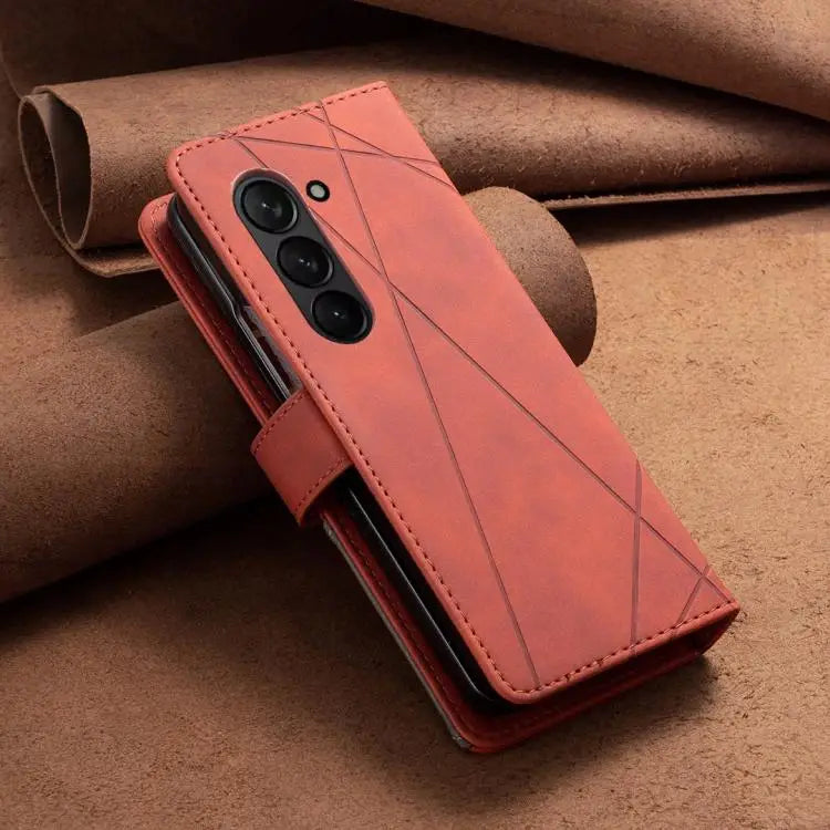 Voor Samsung Galaxy Z Fold6 Magnetische gesp Rhombus textuur leren telefoonhoesje (bruin)