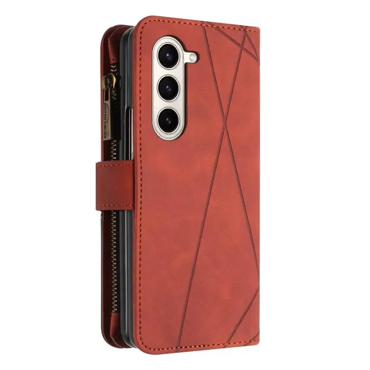 Voor Samsung Galaxy Z Fold6 Rhombus Texture Zipper Wallet Leather Phone Case (bruin)