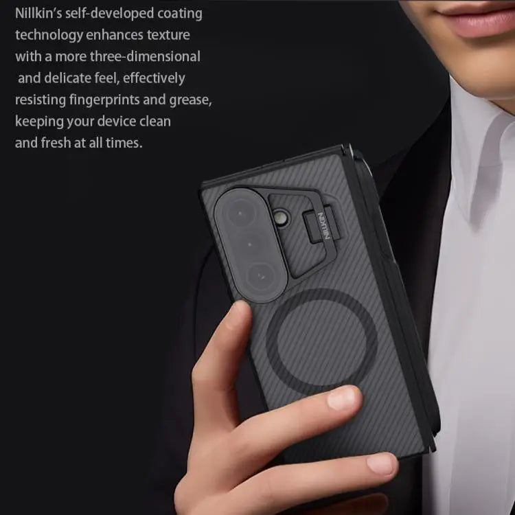 Voor Samsung Galaxy Z Fold7 5G NILLKIN CamShield Prop Transparante Spiegelhoes MagSafe Magnetische Doorschijnende PC Telefoonhoes met Stylus (Zwart)