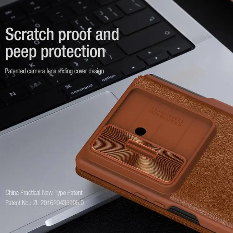 Voor Samsung Galaxy Z Fold7 5G NILLKIN QIN Series Pro Sliding Camera Cover Design Leren Telefoonhoesje met Stylus (Bruin)
