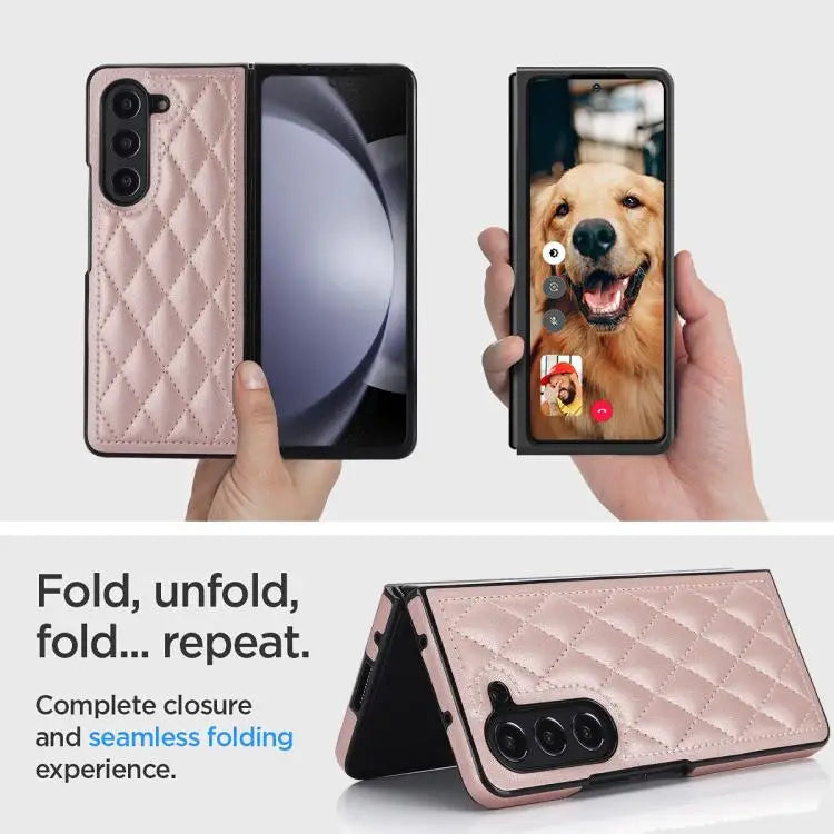 Voor Samsung Galaxy Z Fold7 5G Rhombic Fold leren telefoonhoesje (roségoud)