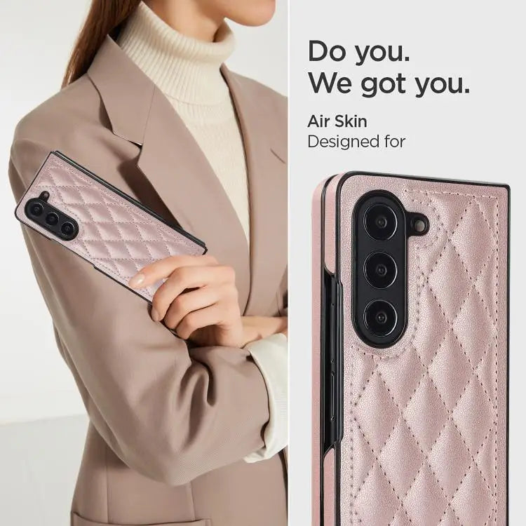 Voor Samsung Galaxy Z Fold7 5G Rhombic Fold leren telefoonhoesje (roségoud)