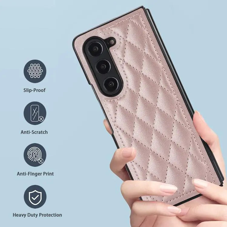 Voor Samsung Galaxy Z Fold7 5G Rhombic Fold leren telefoonhoesje (roségoud)