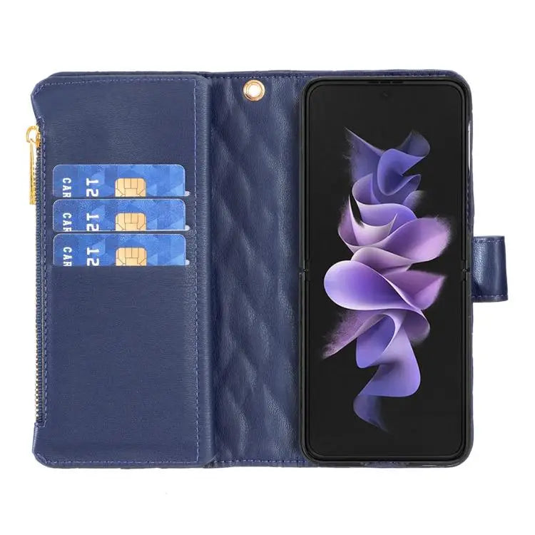 Voor Samsung Galaxy Z Fold7 Diamond Lattice Zipper Wallet Leather Flip Phone Case (blauw)