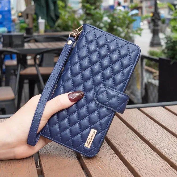 Voor Samsung Galaxy Z Fold7 Diamond Lattice Zipper Wallet Leather Flip Phone Case (blauw)