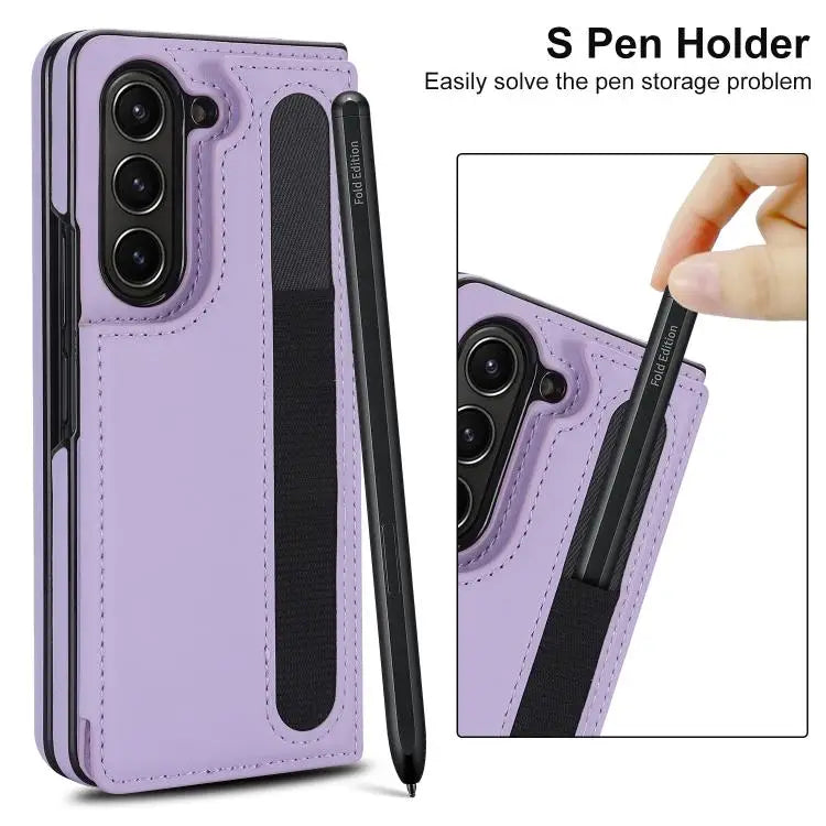 For Samsung Galaxy Z Fold7 Full Coverage Fold Double Buckle PU Phone Case with Pen Slots(Purple)