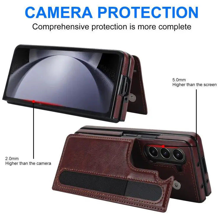 For Samsung Galaxy Z Fold7 Full Coverage Fold Double Buckle PU Phone Case with Pen Slots(Brown)