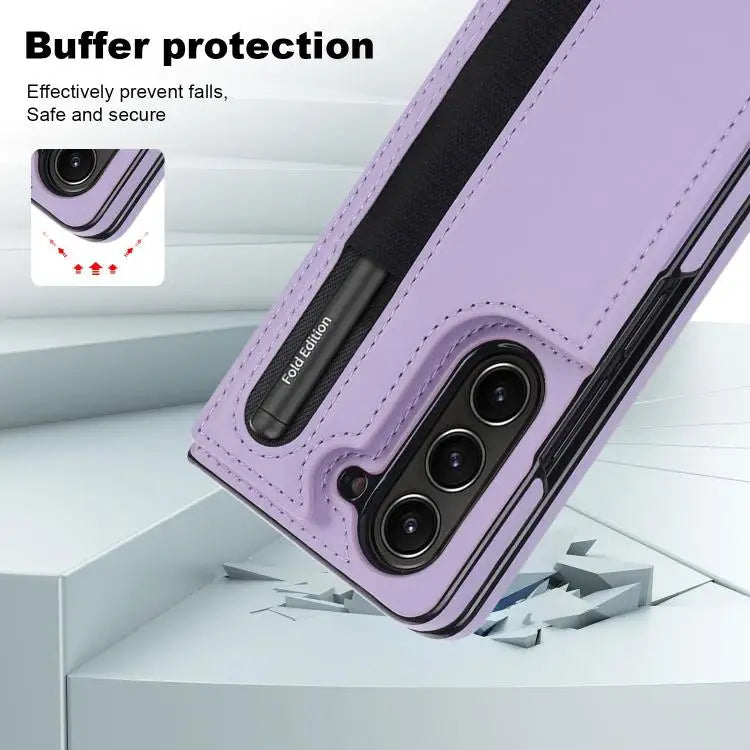 For Samsung Galaxy Z Fold7 Full Coverage Fold Double Buckle PU Phone Case with Pen Slots(Purple)