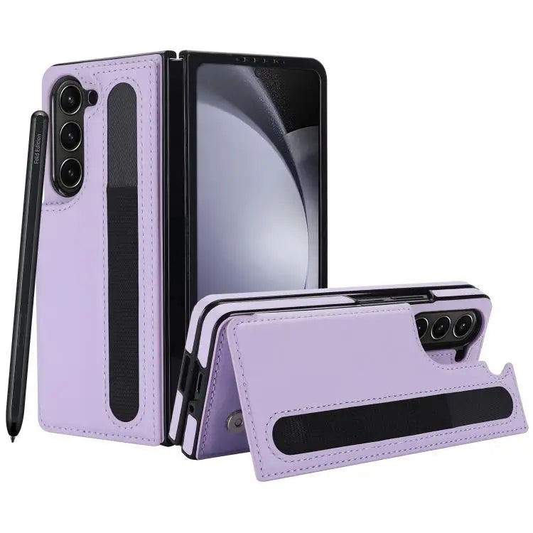 For Samsung Galaxy Z Fold7 Full Coverage Fold Double Buckle PU Phone Case with Pen Slots(Purple)