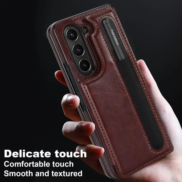 For Samsung Galaxy Z Fold7 Full Coverage Fold Double Buckle PU Phone Case with Pen Slots(Brown)