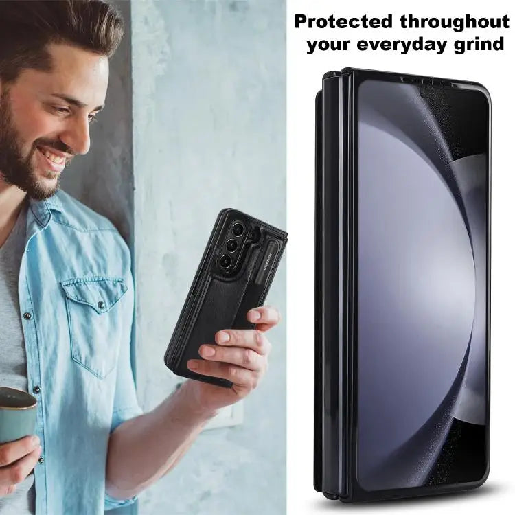 Voor Samsung Galaxy Z Fold7 Full Coverage Fold Double Buckle PU-telefoonhoesje met penhouders (zwart)