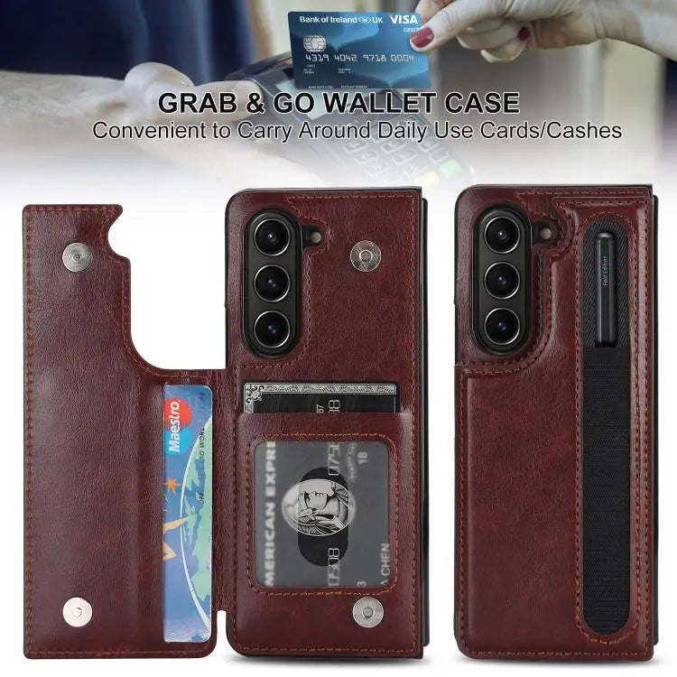 For Samsung Galaxy Z Fold7 Full Coverage Fold Double Buckle PU Phone Case with Pen Slots(Brown)