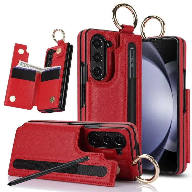 Voor Samsung Galaxy Z Fold7 Litchi Texture Dubbele Gesp Leren Telefoonhoesje met Penhouder (Rood)