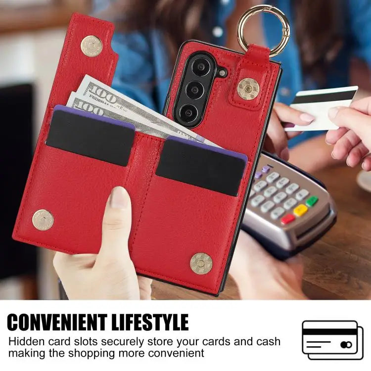 Voor Samsung Galaxy Z Fold7 Litchi Texture Dubbele Gesp Leren Telefoonhoesje met Penhouder (Rood)