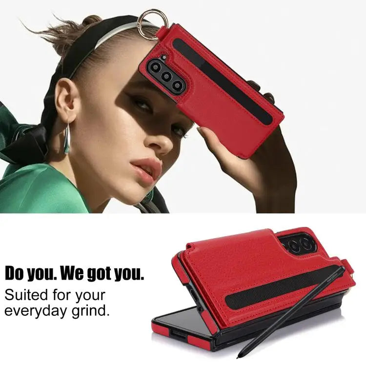 Voor Samsung Galaxy Z Fold7 Litchi Texture Dubbele Gesp Leren Telefoonhoesje met Penhouder (Rood)