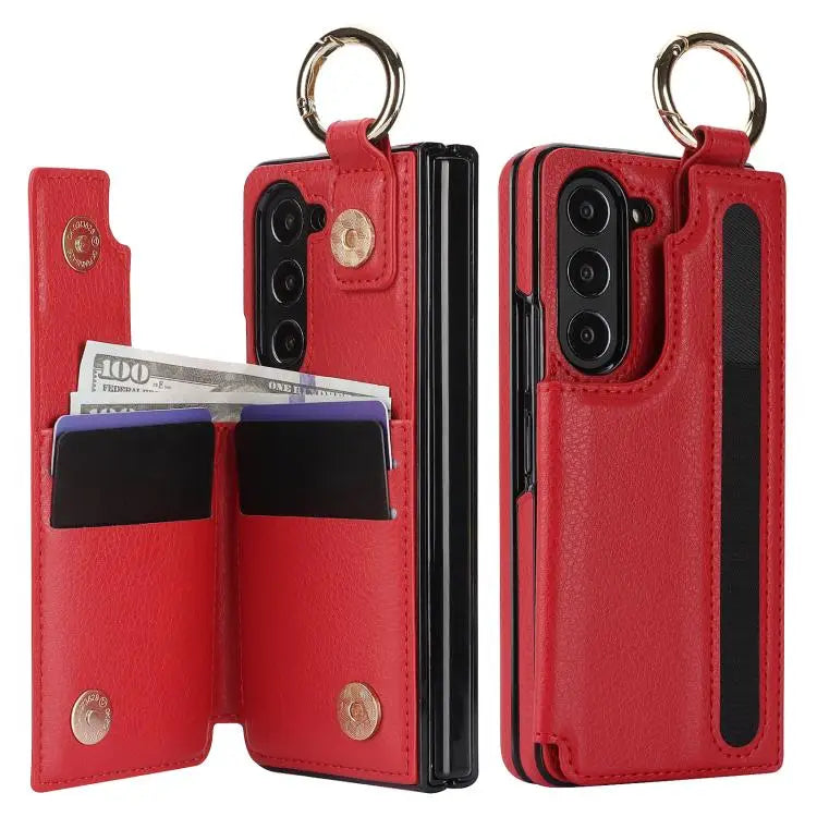 Voor Samsung Galaxy Z Fold7 Litchi Texture Dubbele Gesp Leren Telefoonhoesje met Penhouder (Rood)