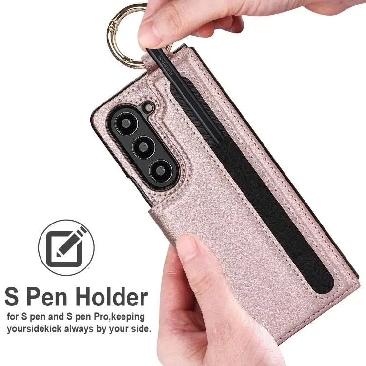 For Samsung Galaxy Z Fold7 Litchi Texture Double Buckle Leather Phone Case with Pen Slot(Rose Gold)