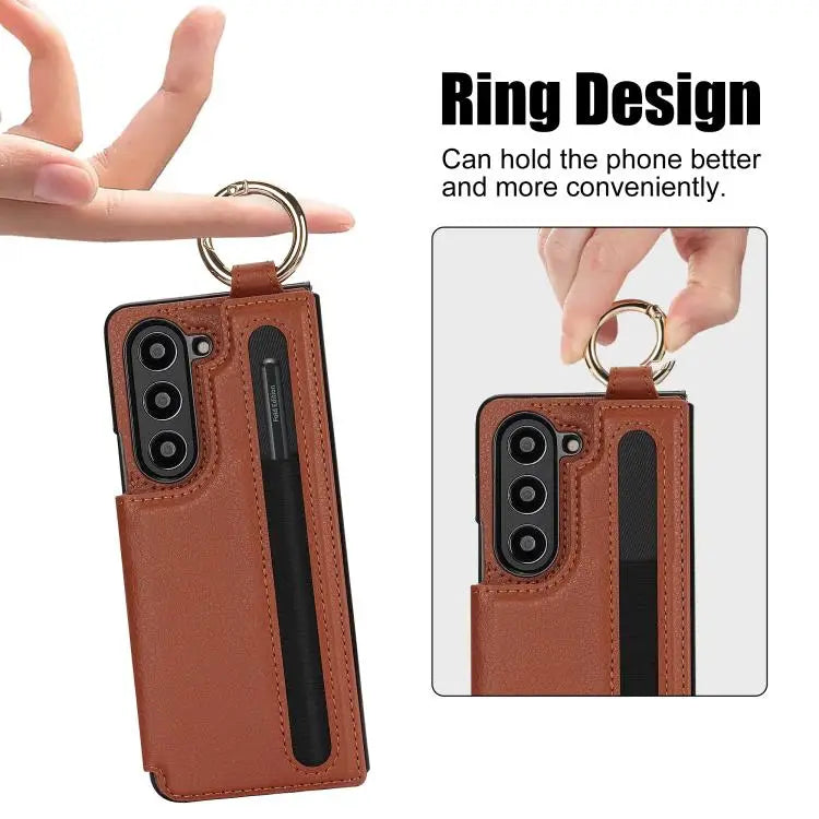 For Samsung Galaxy Z Fold7 Litchi Texture Double Buckle Leather Phone Case with Pen Slot(Brown)