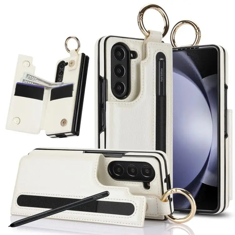 Voor Samsung Galaxy Z Fold7 Litchi Texture Dubbele Gesp Leren Telefoonhoesje met Penhouder (Wit)