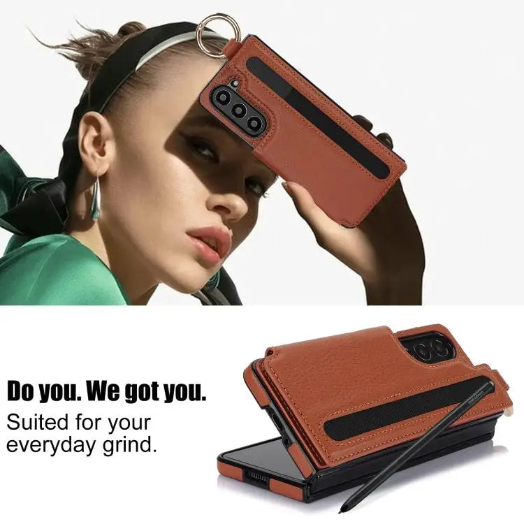 For Samsung Galaxy Z Fold7 Litchi Texture Double Buckle Leather Phone Case with Pen Slot(Brown)