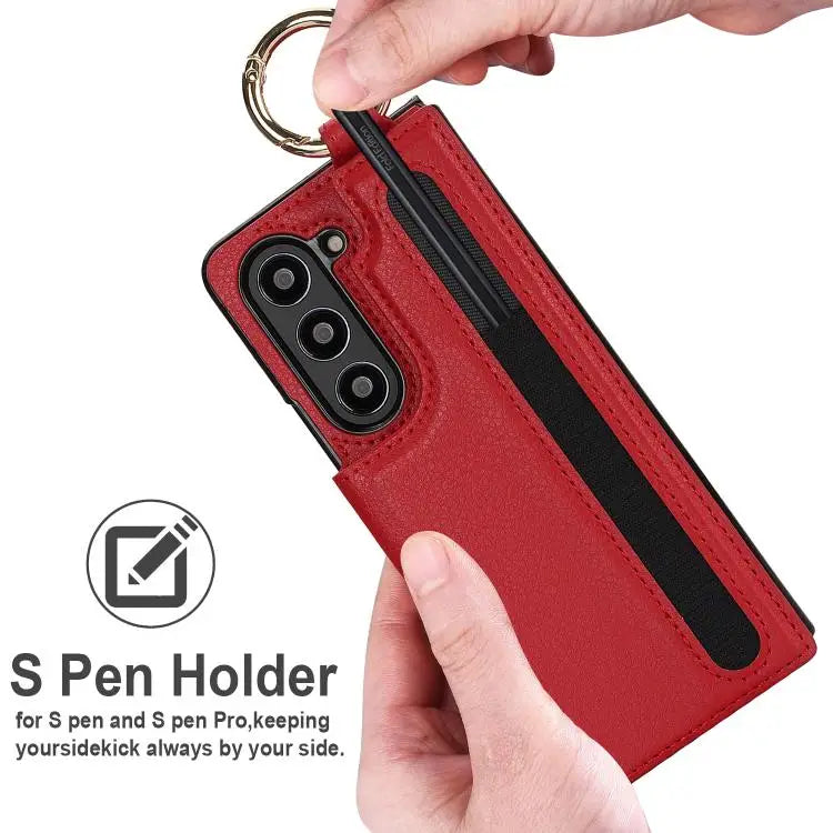 Voor Samsung Galaxy Z Fold7 Litchi Texture Dubbele Gesp Leren Telefoonhoesje met Penhouder (Rood)