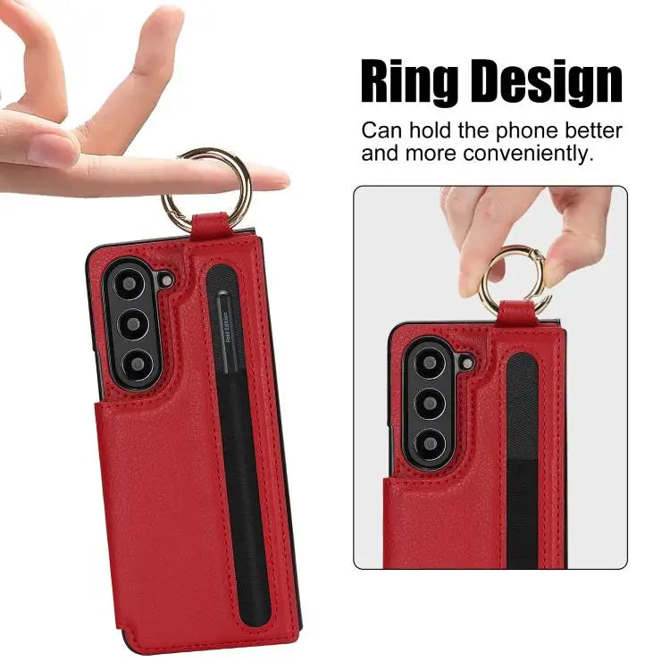 Voor Samsung Galaxy Z Fold7 Litchi Texture Dubbele Gesp Leren Telefoonhoesje met Penhouder (Rood)