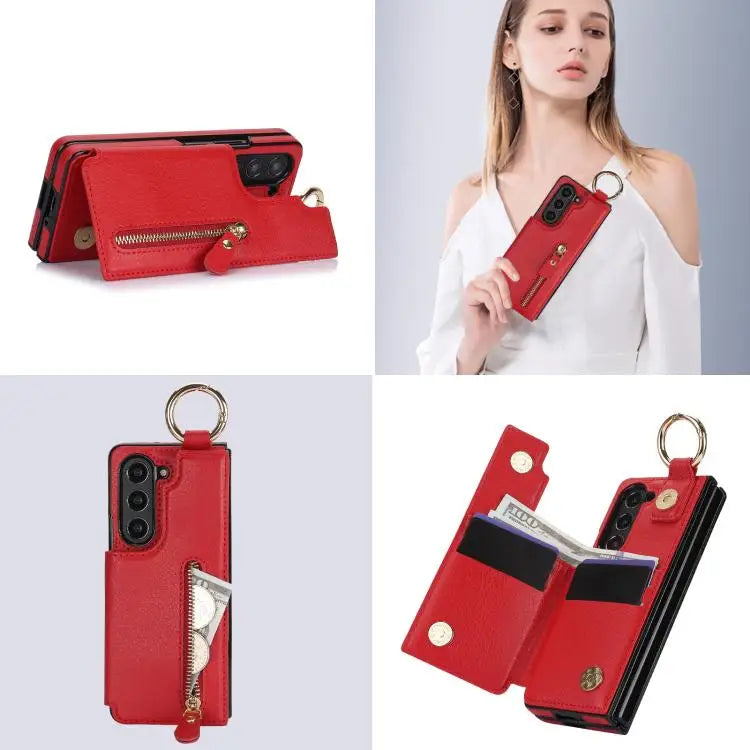 Voor Samsung Galaxy Z Fold7 Litchi Texture Ring Rits Dubbele Gesp Leren Telefoonhoesje (Rood)