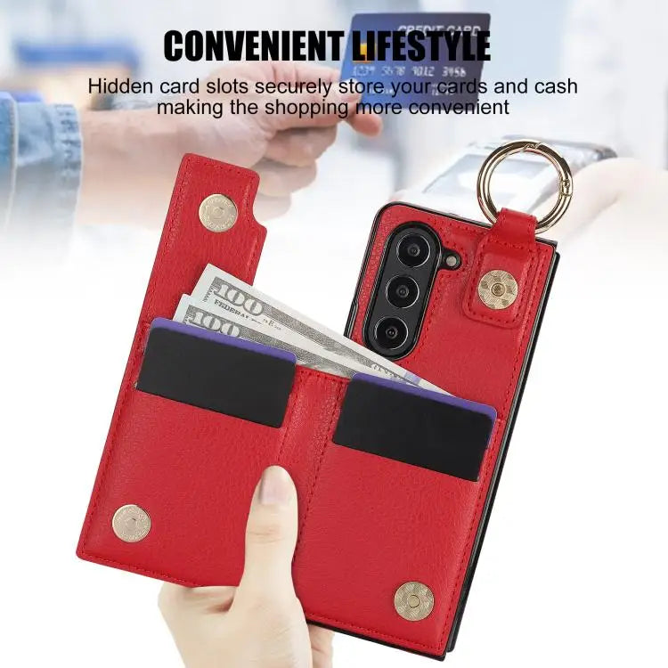 Voor Samsung Galaxy Z Fold7 Litchi Texture Ring Rits Dubbele Gesp Leren Telefoonhoesje (Rood)